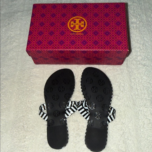 New Tory Burch Black and White Striped Slides with Gold Logo - Picture 2 of 3